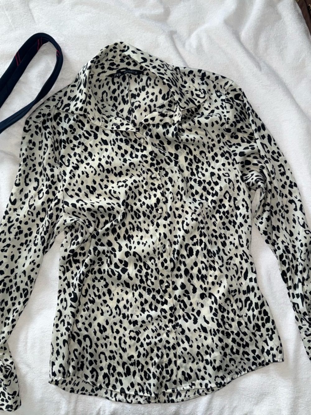 Zara White & Black Leopard Satin Button-Down Top